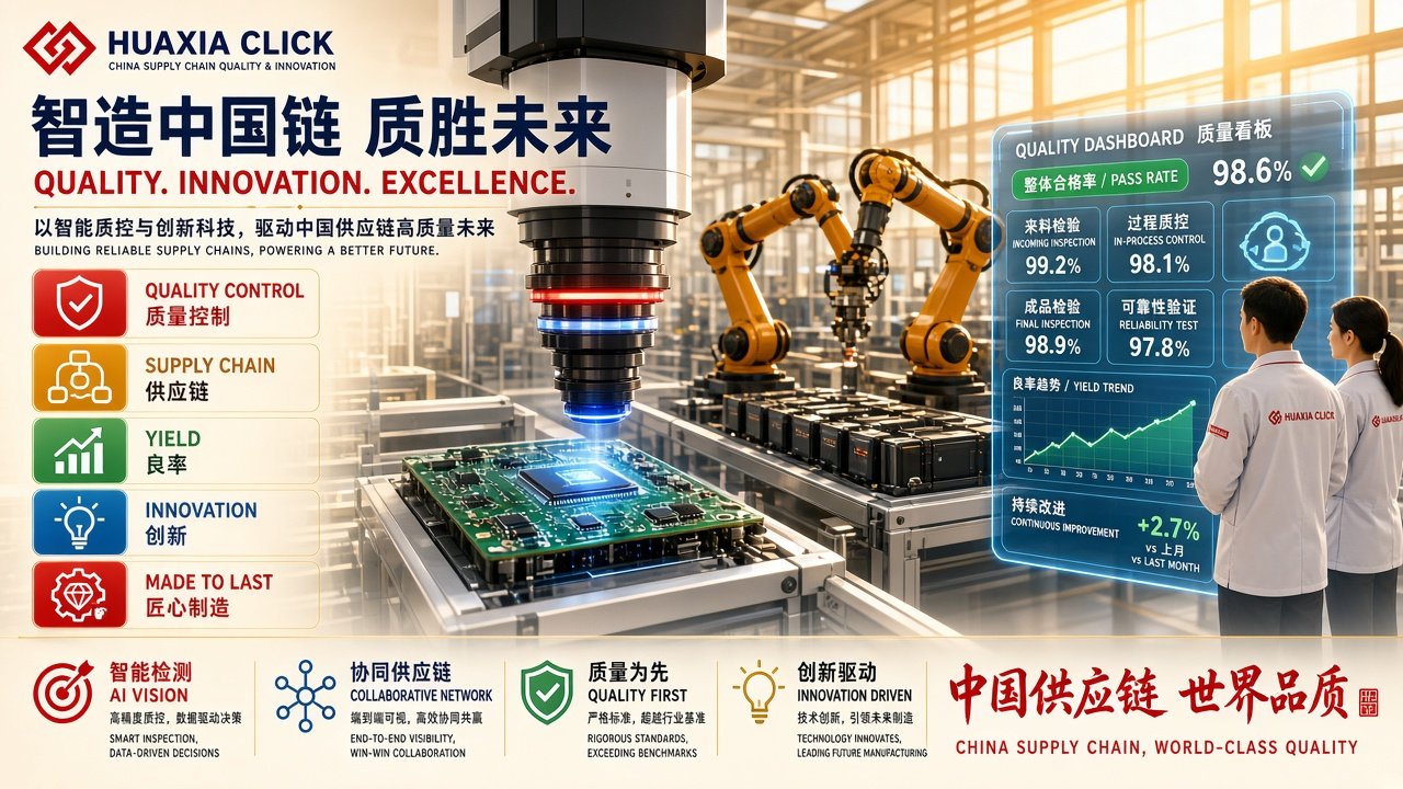 Bright Chinese supply chain quality control and innovation editorial illustration