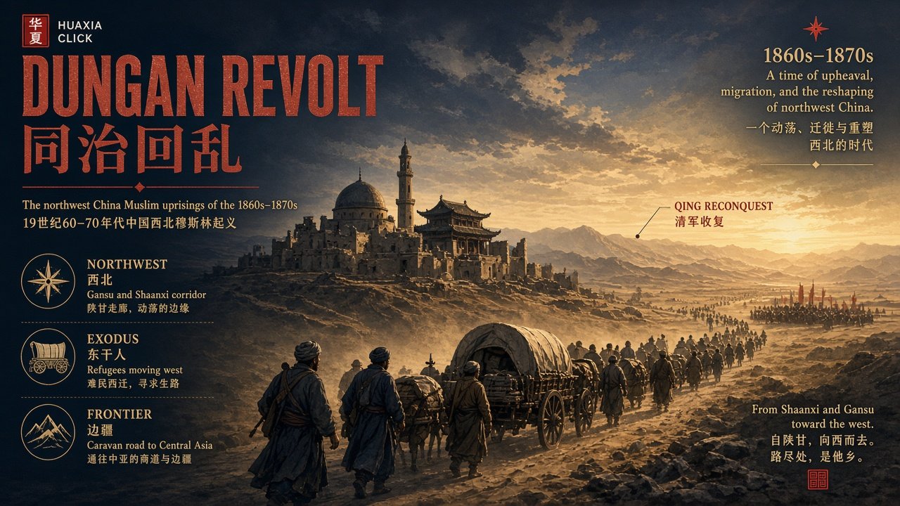 Dungan Revolt northwest China editorial illustration, bilingual