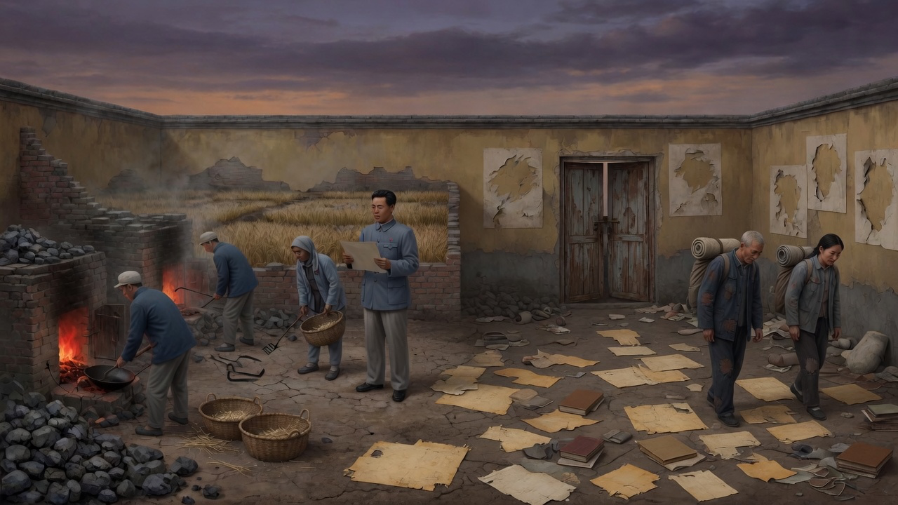 A rural courtyard: backyard furnaces and empty grain baskets on the left; a shuttered doorway, scattered books, and villagers leaving with bedrolls on the right.