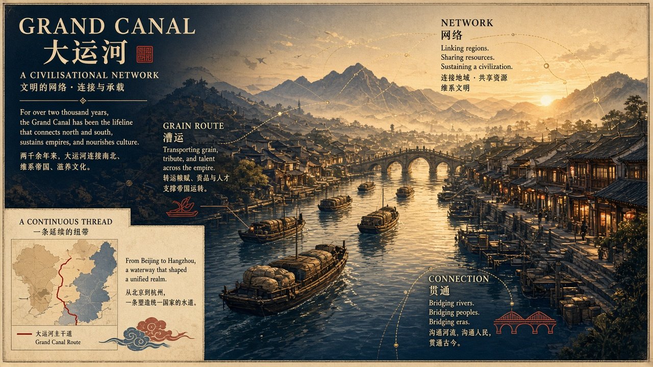 Grand Canal as a civilisational network, bilingual editorial illustration