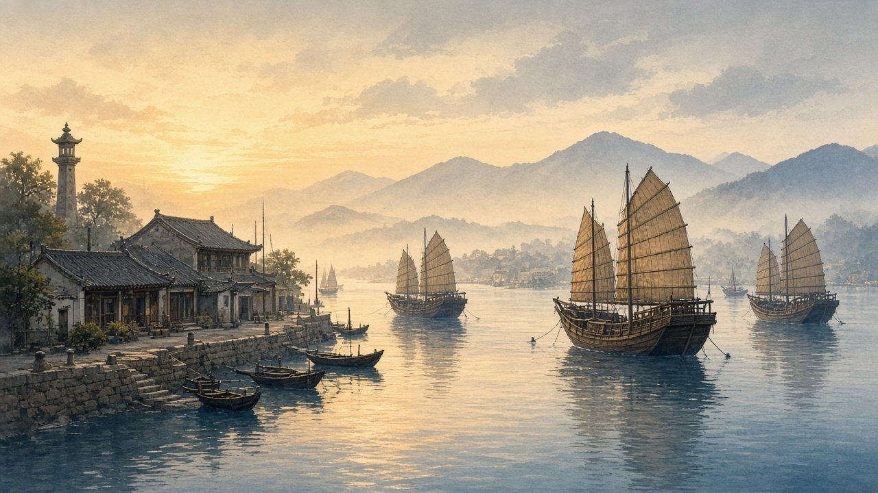 Quanzhou harbour at dawn with junk ships