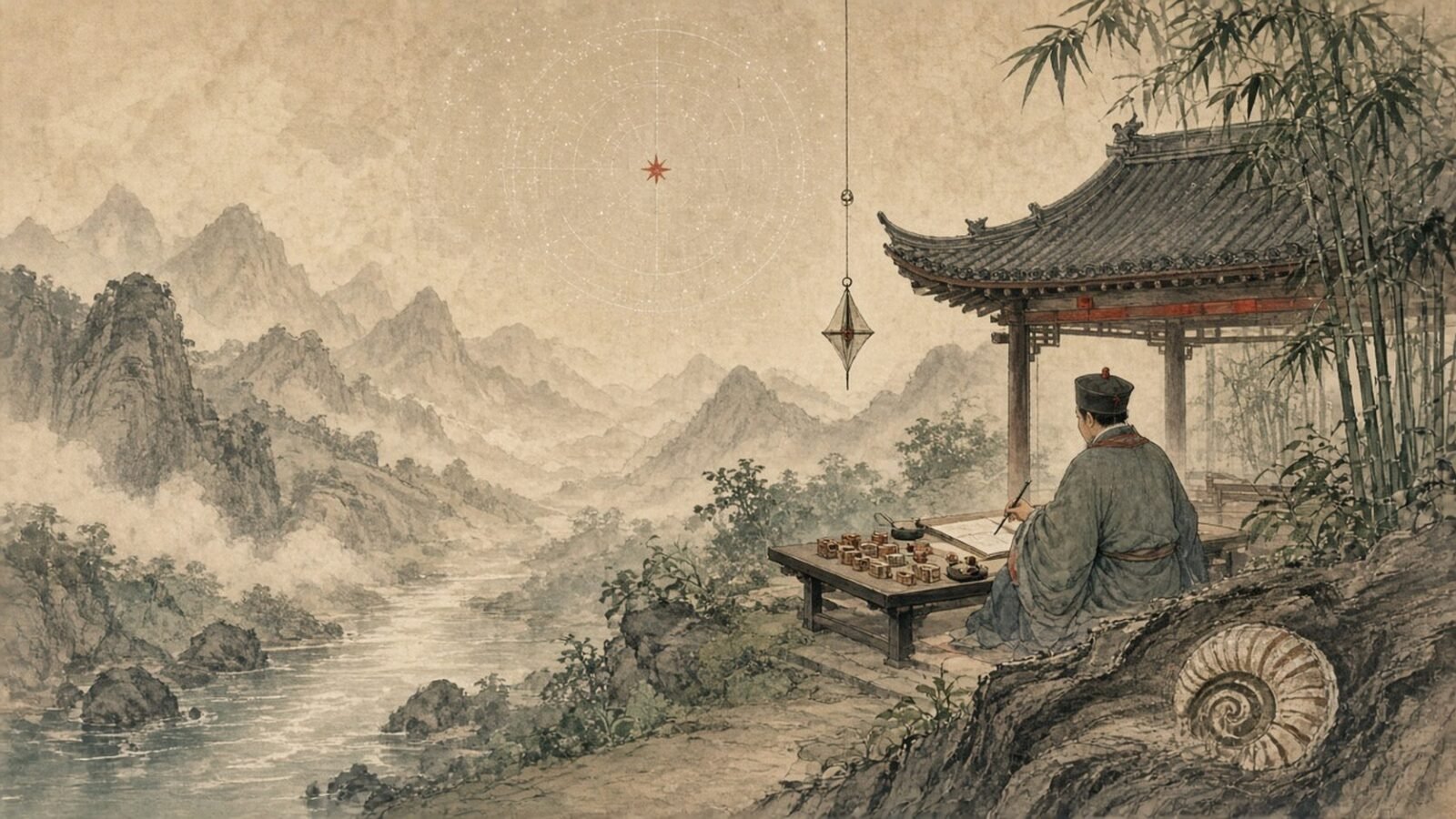 Ink-wash illustration of a Song dynasty scholar writing in a garden pavilion above a misty river valley, with a suspended compass needle, the pole star and a fossil shell in the rock