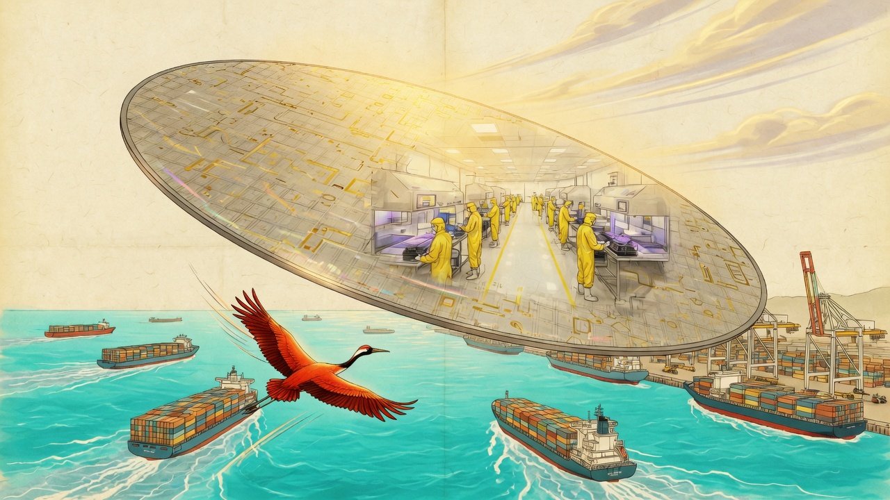 A tilted silicon wafer over a bright strait with ships and a flying crane
