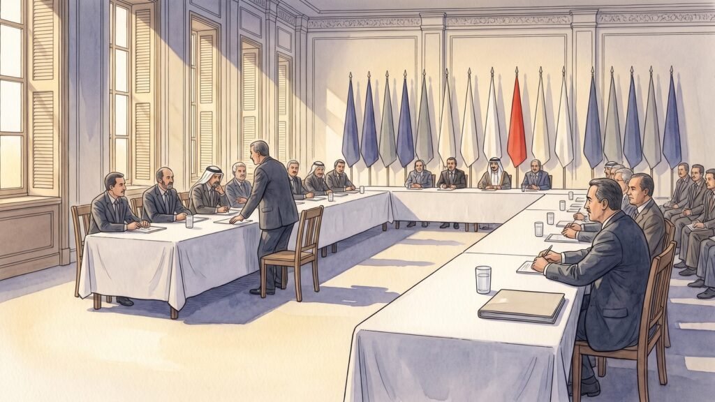 High-key editorial illustration of a formal ministerial conference hall in the Gulf in 2001, long white-clothed tables with delegates in dark suits seated in two ranks, one rising to speak, tall shuttered windows casting pale gold light, a row of muted indigo, grey and cream flags along the far wall with one cinnabar red flag among them.