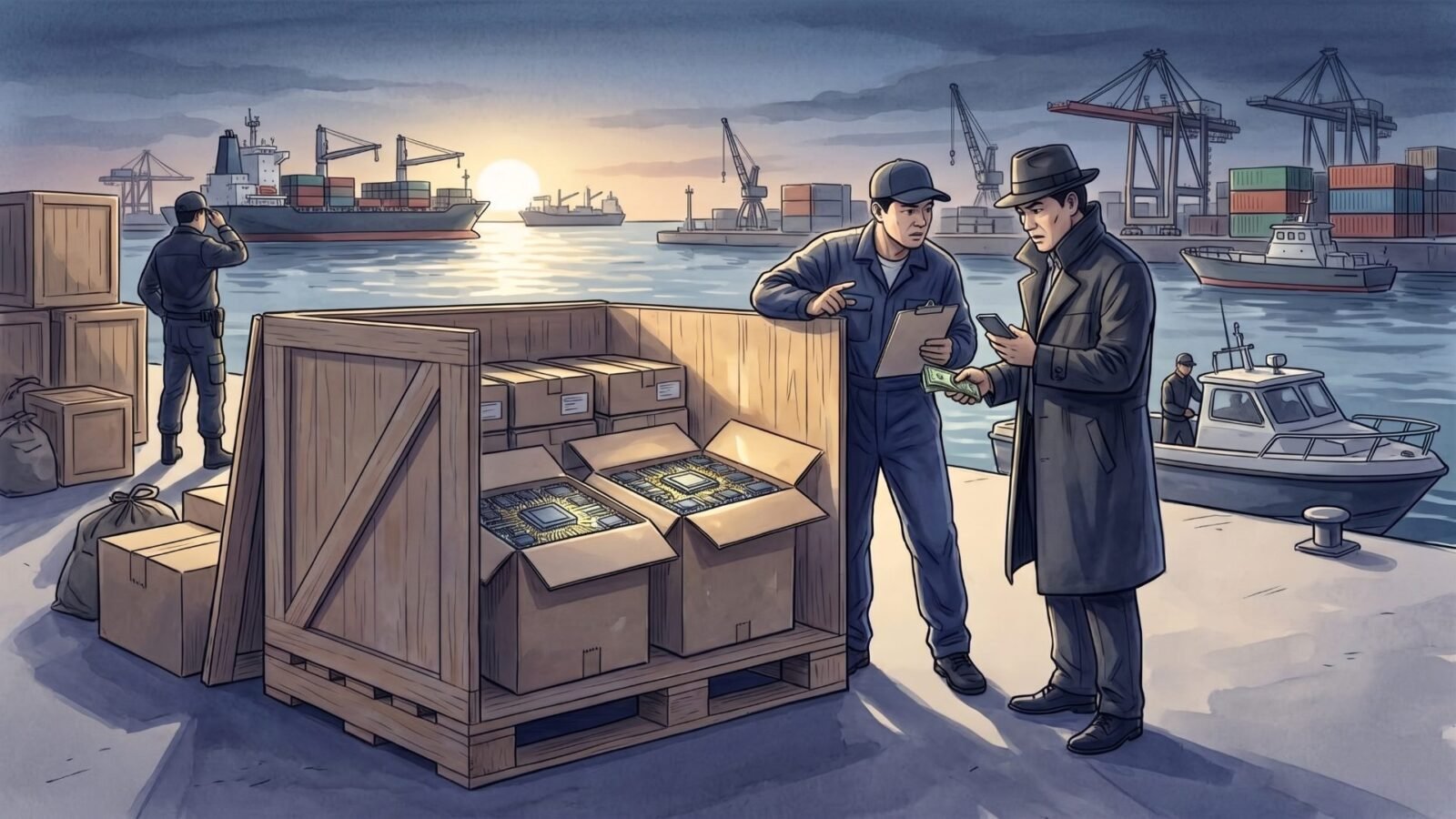 Hand-painted watercolour illustration of a container quay at dusk: an open wooden crate holds two large processor boards in gold and black, a docker in a blue cap with a clipboard points at the boards while a man in a dark overcoat and felt hat holds out banknotes, with gantry cranes, a cargo ship, a small tug and stacked containers across the water.