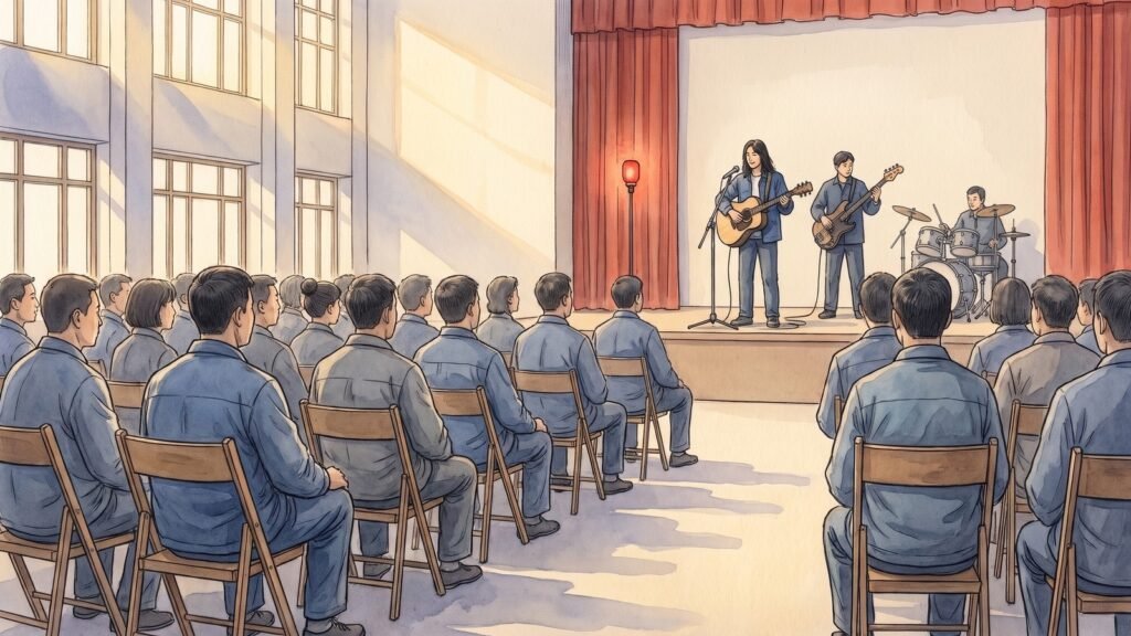 High-key editorial illustration of a small band on a low stage in a wide Beijing workers' cultural palace hall, a long-haired young guitarist in an indigo jacket at a microphone with a bassist and drummer behind, rows of workers in blue and grey work jackets seated in the foreground seen from behind, a plain cinnabar red curtain behind the stage and pale gold light from tall windows.
