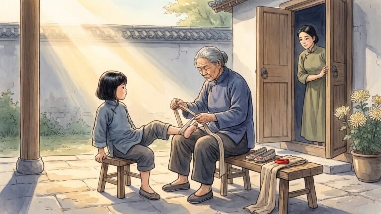 High-key editorial illustration of an old woman in an indigo jacket sitting on a low wooden stool winding a long cloth band around a young girl's foot while the girl sits on a second stool with her face turned away and her mother watches from the doorway, small embroidered shoes on a low bench, a grey plaster courtyard wall with tiled cap and a pot of chrysanthemums by the door in pale gold morning light.