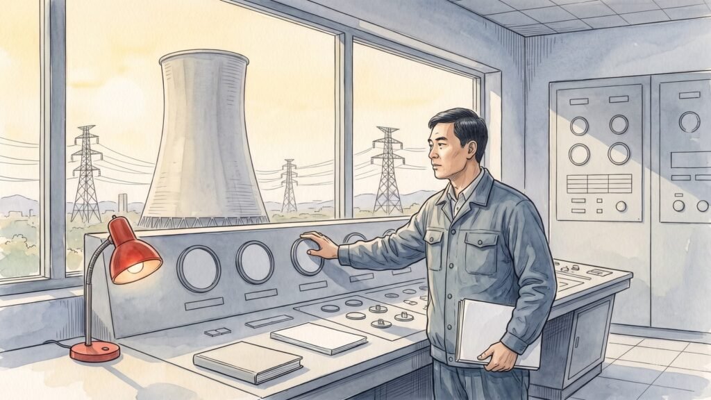 High-key editorial illustration of a Chinese engineer in a grey-blue work jacket at a plain grey control panel in a 1980s Shanxi coal power station, one hand on a round dial and a notebook in the other, looking toward a wide window with a concrete cooling tower, pylons and pale gold sky beyond, and a single small cinnabar red lamp on the desk.
