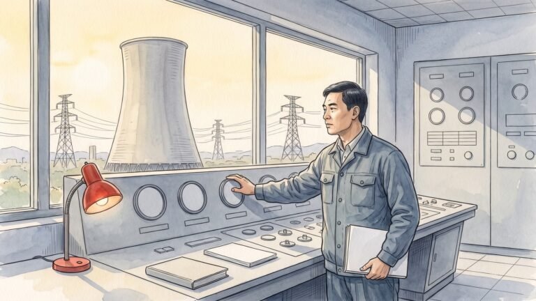 High-key editorial illustration of a Chinese engineer in a grey-blue work jacket at a plain grey control panel in a 1980s Shanxi coal power station, one hand on a round dial and a notebook in the other, looking toward a wide window with a concrete cooling tower, pylons and pale gold sky beyond, and a single small cinnabar red lamp on the desk.
