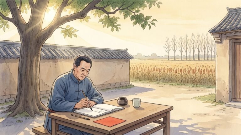 High-key editorial illustration of a Chinese writer in an indigo jacket seated at a low wooden table beneath a mulberry tree in a rural Shandong courtyard, writing in an open notebook with a brush pen, a clay ink pot and plain teacup beside him and a small plain cinnabar red square on the table, behind a grey-capped earthen wall and a flat field of standing sorghum under pale gold morning light.
