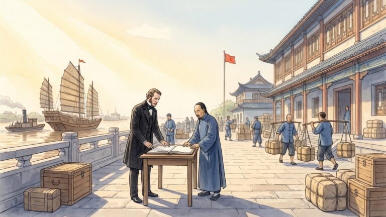 High-key editorial illustration of Robert Hart in a black frock coat standing at a plain table with a Chinese inspector in an indigo robe on a wide stone quay at the Shanghai customs house, porters with shoulder poles among stacked tea chests and bales, a Chinese junk and small steam tug on the brown river beyond, and one cinnabar red flag on a pole.