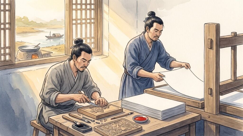 High-key editorial illustration of a printing workshop in Jiangxi in the spring of 1637, a woodblock carver in a grey tunic gouging a smooth block and a printer in an indigo robe lifting a plain blank white sheet onto a stack of blank sheets, ink stone, brushes and a wooden press frame, a riverbank with a salt-boiling pan and small boat through an open lattice window, warm gold morning light, and a small dish of cinnabar red ink paste as the single accent.