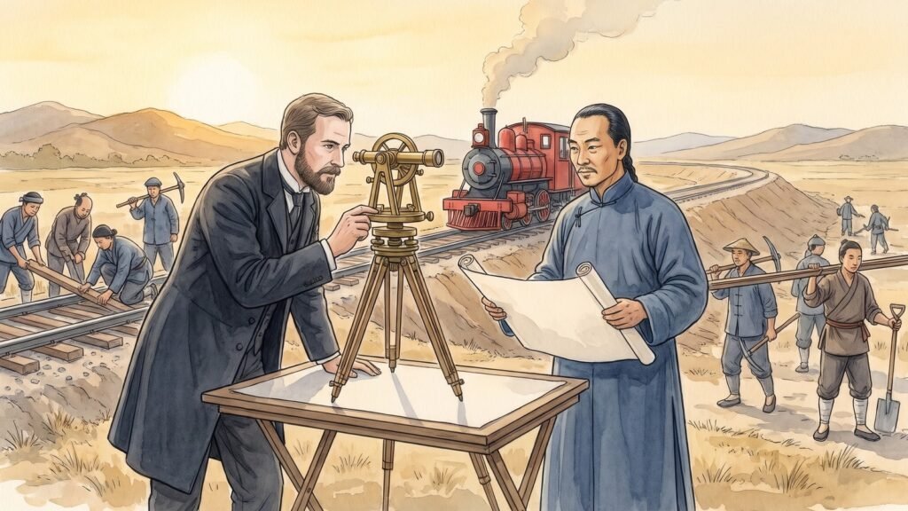 High-key editorial illustration of a Chinese engineer in an indigo coat and a Western engineer in a dark frock coat standing over a brass theodolite on a folding table at a survey camp on a new railway embankment across the Manchurian plain, a small cinnabar red steam locomotive and gangs of workers laying sleepers behind them under pale gold morning sky.