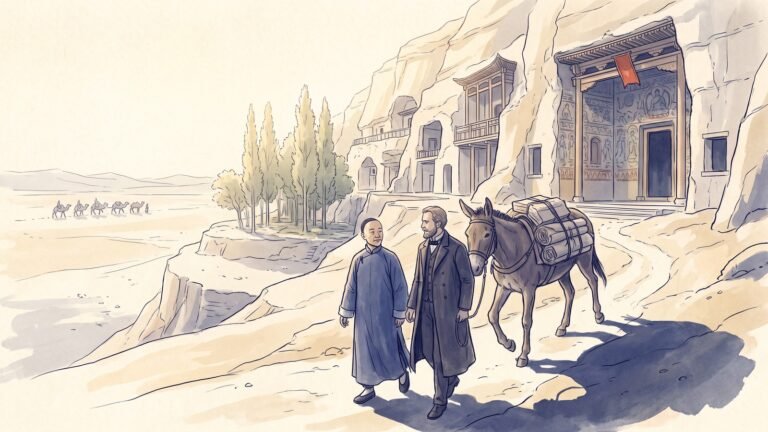 Hand-painted watercolour illustration of the Mogao Buddhist cave temples in the Gobi desert near Dunhuang in 1908: a Chinese conservator in an indigo robe and a European scholar in a long dark coat walk beside a mule loaded with bundled manuscripts, with a camel caravan crossing the pale plain behind them, poplar trees beside the cliff, and a single cinnabar banner hanging at the painted cave entrance.
