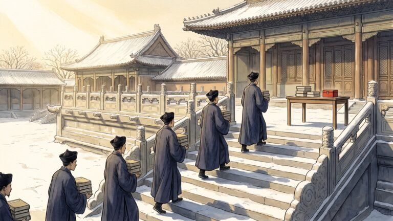 High-key editorial illustration of the snow-covered stone terrace of the Forbidden City in Beijing in the winter of 1716, a procession of scholars in dark indigo robes and black satin hats climbing the broad pale stone steps of a great timber hall each carrying a stack of plain cloth-bound manuscript volumes, a small cinnabar red lacquer presentation box on a long plain wooden table at the head of the steps, the hall's deep grey tiled roof with snow on its ridges, the grey roofs of the city and bare winter trees beyond the balustrade under a pale gold winter morning sky.
