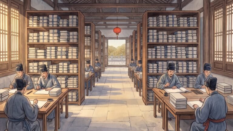 High-key editorial illustration of the great hall of books at Wuying Dian in the Forbidden City in 1716, two long rows of tall dark wooden cases of plain cloth-bound volumes, scholars in dark indigo robes and black satin hats at long low tables of blank manuscript volumes and unmarked sheets, pale gold winter morning light from a gallery of latticed windows, a small cinnabar lantern hanging in the centre, and an open doorway onto a stone terrace.
