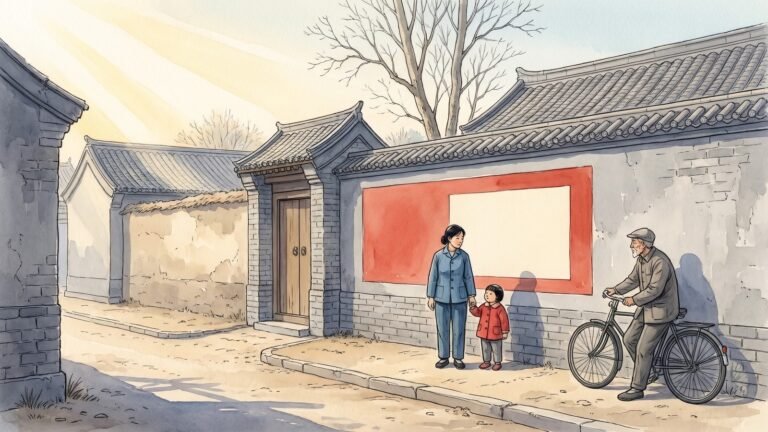 High-key editorial illustration of a county-town street in north China in the early 1980s, grey brick and earth walls with tiled roofs and a bare poplar, a flat cinnabar red and cream notice panel painted on one wall with no writing, a woman in a blue jacket holding a small child's hand, an old man with a bicycle leaning against the wall.