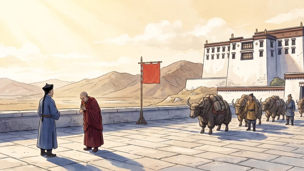 High-key editorial illustration of a Qing official in an indigo robe facing a Tibetan lama in a dark red robe on a wide stone terrace before a great white-walled palace on a plateau hill, pack yaks waiting further along the terrace and bare brown ranges under a wide pale gold morning sky, with one small plain cinnabar red square of cloth on a pole.