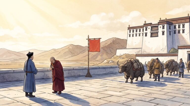High-key editorial illustration of a Qing official in an indigo robe facing a Tibetan lama in a dark red robe on a wide stone terrace before a great white-walled palace on a plateau hill, pack yaks waiting further along the terrace and bare brown ranges under a wide pale gold morning sky, with one small plain cinnabar red square of cloth on a pole.