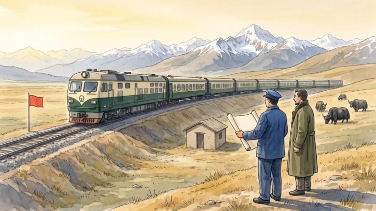 High-key editorial illustration of a long cream and dark green passenger train running along a raised embankment across dry ochre grassland on the high plateau, a railway worker in an indigo blue coat and a traveller in a long olive coat standing beside the track watching it pass, snow mountains behind under a wide pale gold morning sky, yaks grazing on the slope and one small cinnabar red flag at the trackside.
