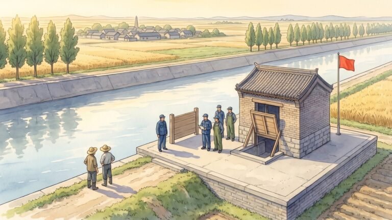 High-key editorial illustration of a wide straight concrete canal cut across flat farmland on the eastern Chinese plain, a brick and stone pumping station with a low tiled roof and a raised sluice gate, workers in indigo blue jackets and olive coveralls on the concrete apron beside a plain wooden gate board, two farmers in straw hats on the towpath, poplar trees and a village of low grey roofs in the distance, and one small cinnabar red flag by the pumping station under a wide pale gold morning sky.