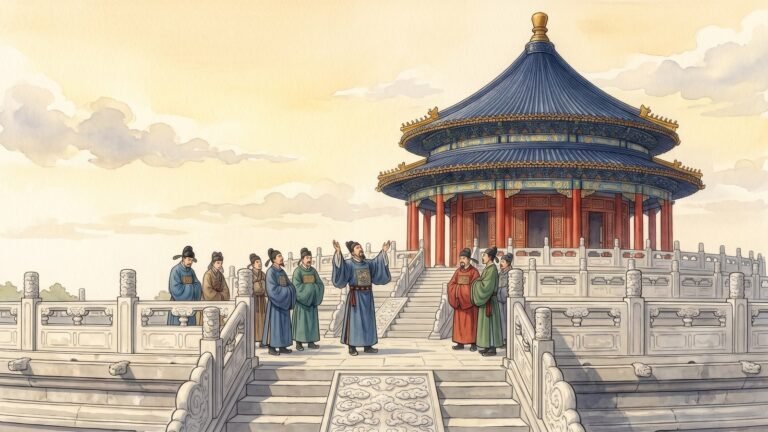 Watercolour and ink illustration in cream rice paper with pale gold morning light and a single cinnabar accent, showing the triple-tiered circular roof of the Hall of Prayer for Good Harvests rising above its stone terrace and cypress trees, with a clear sky above the blue glazed tiles.