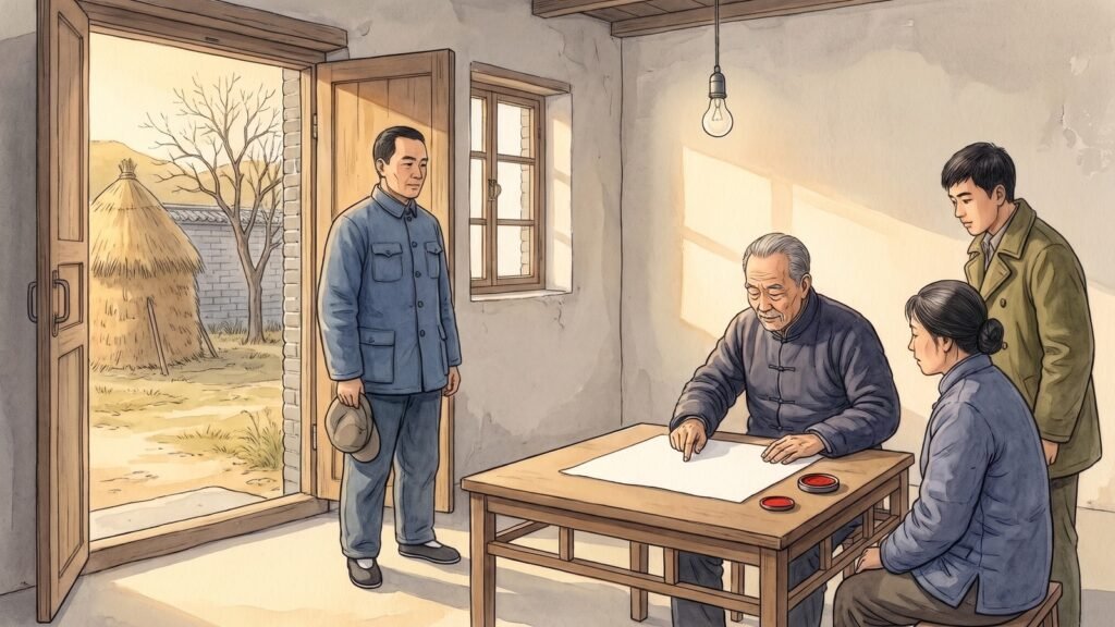High-key editorial illustration of a group of peasants in plain blue and olive padded jackets standing and sitting around a low wooden table inside the bare plastered room of a farmhouse in 1978, an older man reading with one finger on a completely blank sheet of paper while others look on, another man in the doorway holding a plain cap, a cinnabar red ink pad on the table, and a thatched grain stack and bare fruit tree in the yard behind under pale gold morning light.