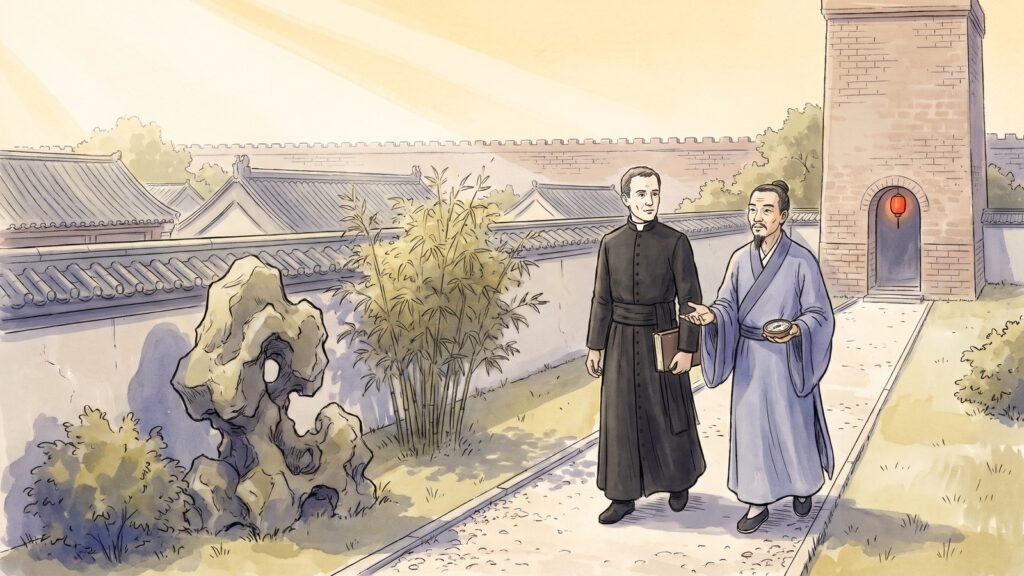 High-key editorial illustration of a walled garden in Beijing in the summer of 1607, a European missionary in a plain black cassock and a Chinese scholar in a pale indigo robe walking together along a gravel garden path, the missionary carrying a closed book and the scholar holding a small bronze compass out in his open palm, both faces clearly drawn, a scholar's rock and clump of bamboo beside the path, the grey tiled roofs of the city and a distant brick city wall beyond under a wide pale gold morning sky, and one small red lantern in the arched doorway of a brick tower at the end of the path.