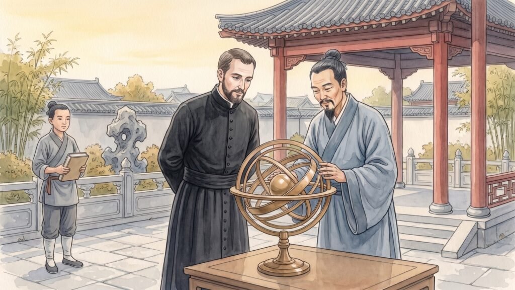 High-key editorial illustration of a walled garden in Beijing in 1607, a European missionary in a plain black cassock and a Chinese scholar in a pale indigo robe standing together at a plain wooden table with a bronze armillary sphere, both faces clearly drawn, a young attendant in grey holding a closed book, a stone balustrade, scholar's rock and bamboo beyond, and the red lacquer of the pavilion columns as the single accent.