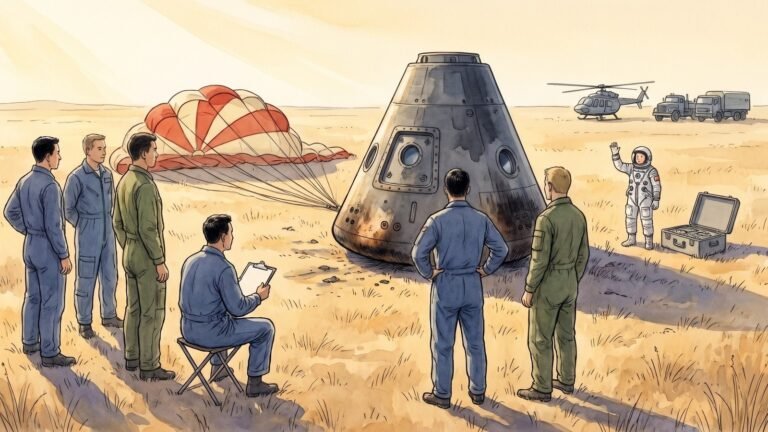 High-key editorial illustration of a dark grey conical spacecraft return capsule standing upright on dry ochre grassland, technicians in indigo blue flight overalls standing around it and one seated with a plain clipboard, a cinnabar red and cream parachute canopy collapsed on the ground behind, a man in a white pressure suit raising one hand beside an open equipment case further off, and a helicopter and two trucks far away under a wide pale gold morning sky.