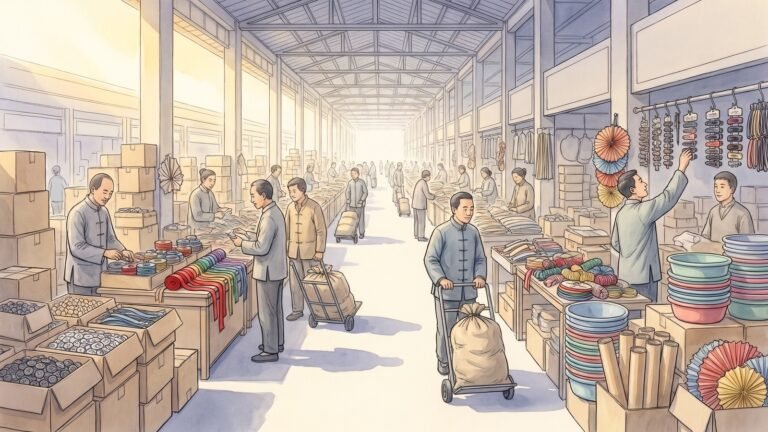 High-key editorial illustration of a vast covered wholesale market hall in Yiwu, steel roof trusses and pale gold daylight, long rows of stalls piled with small goods, boxes of buttons and zips, stacked basins and paper decorations, merchants at their stalls and buyers with sack carts in the wide central aisle, one bundle of cinnabar red ribbon the single accent.