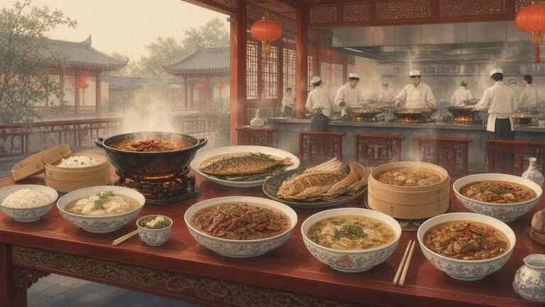 Painting of a red lacquered table laid with dishes from China's regional cuisines before an open kitchen