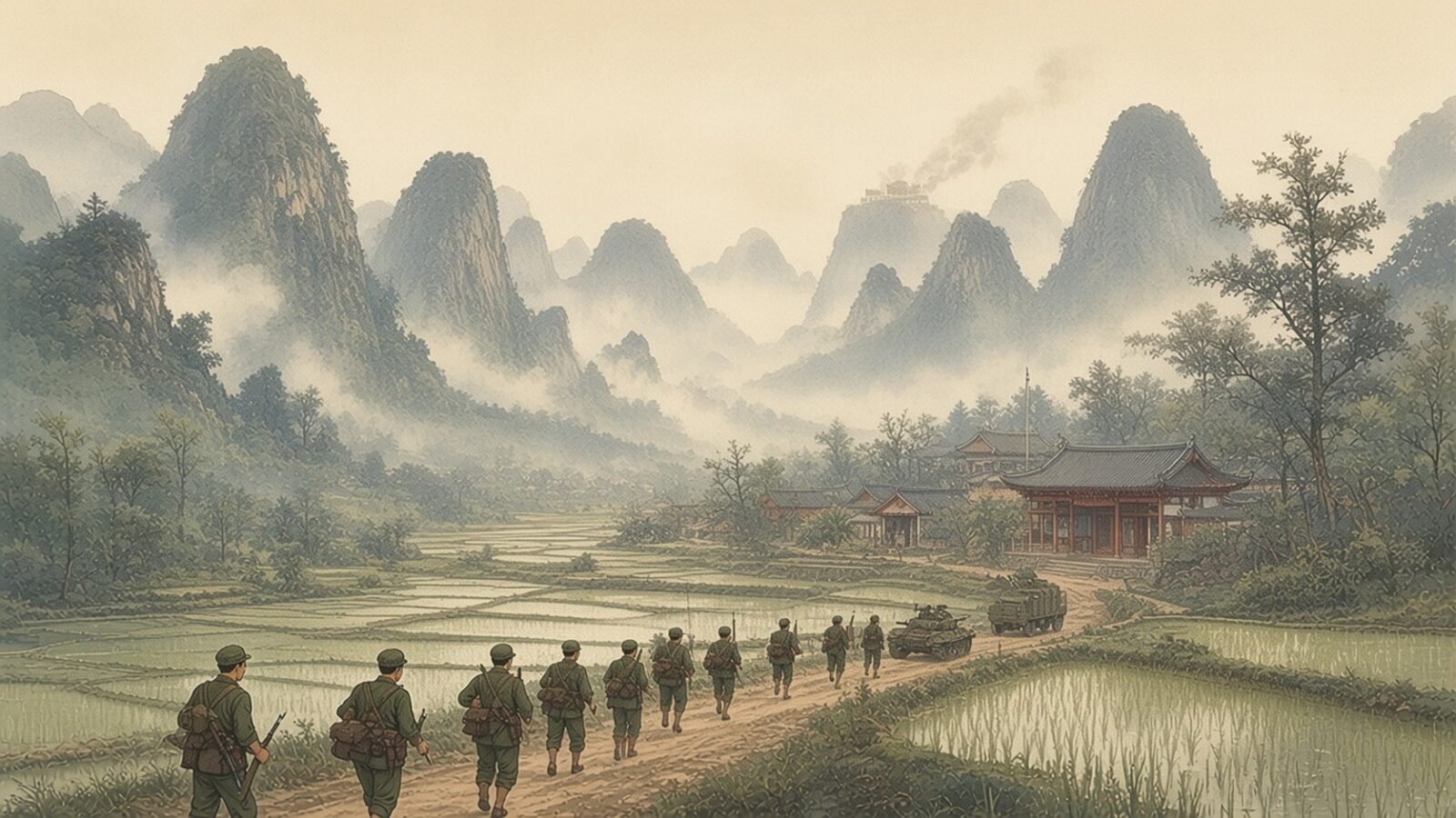 Painting of a column of Chinese soldiers walking past rice paddies below misty karst hills near Lang Son in 1979