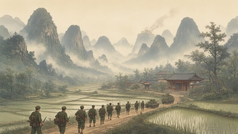 Painting of a column of Chinese soldiers walking past rice paddies below misty karst hills near Lang Son in 1979