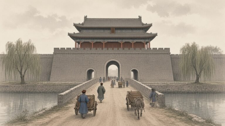 Painting of travellers and carts crossing a stone bridge over the moat into a gate of the Kaifeng city wall in the late Qing