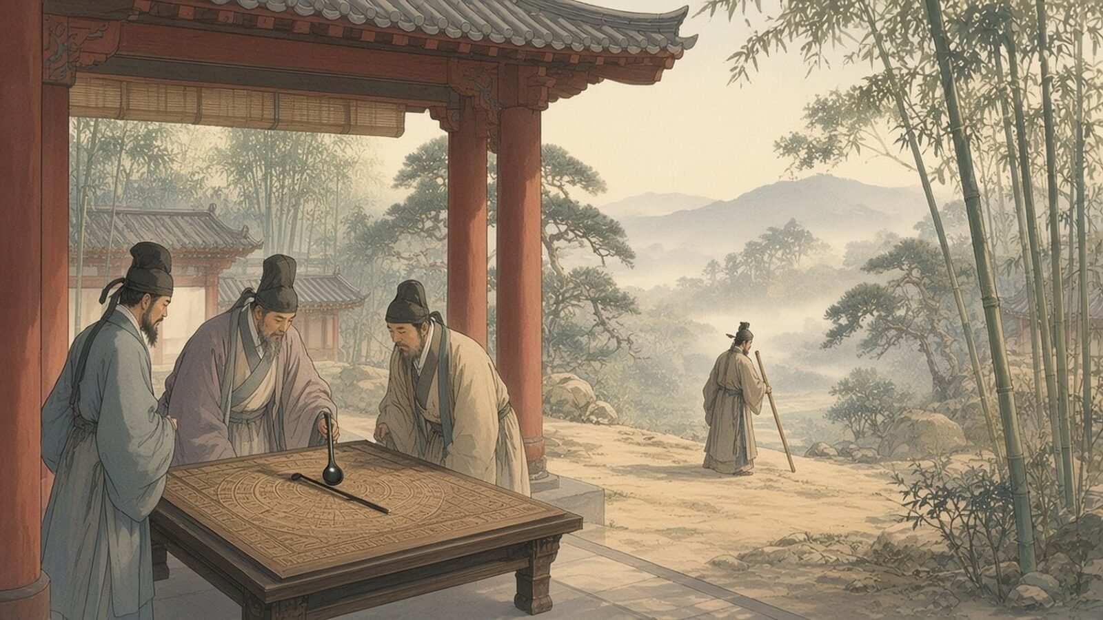 Painting of Han scholars watching a lodestone spoon point south on a bronze diviner's board