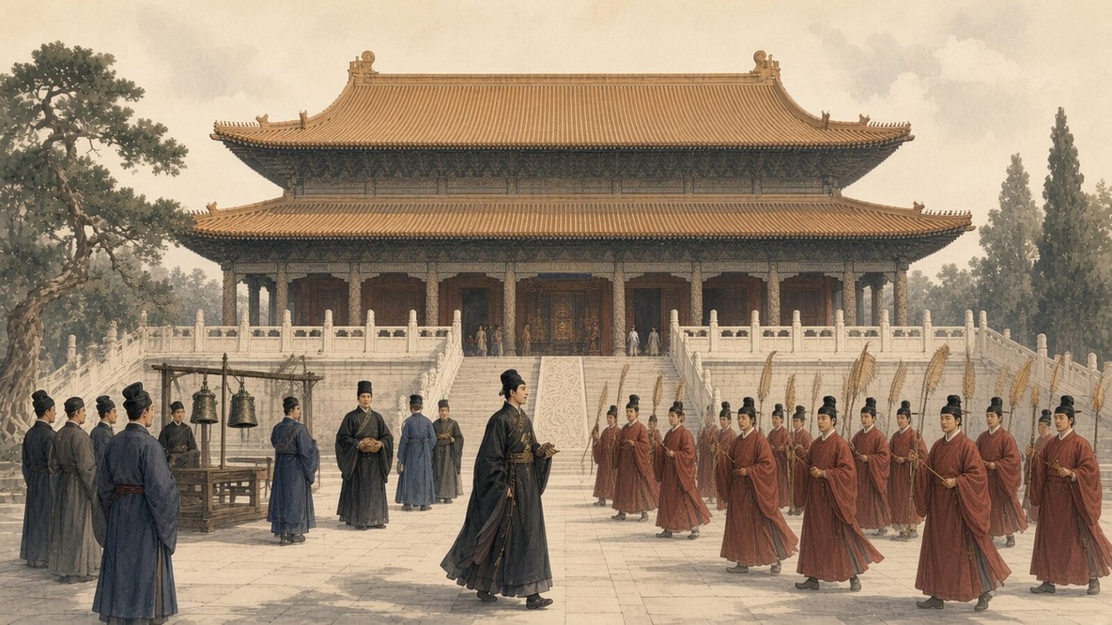 Painting of male ritual dancers with feather wands performing a Confucian rite before the Dacheng Hall in Qufu