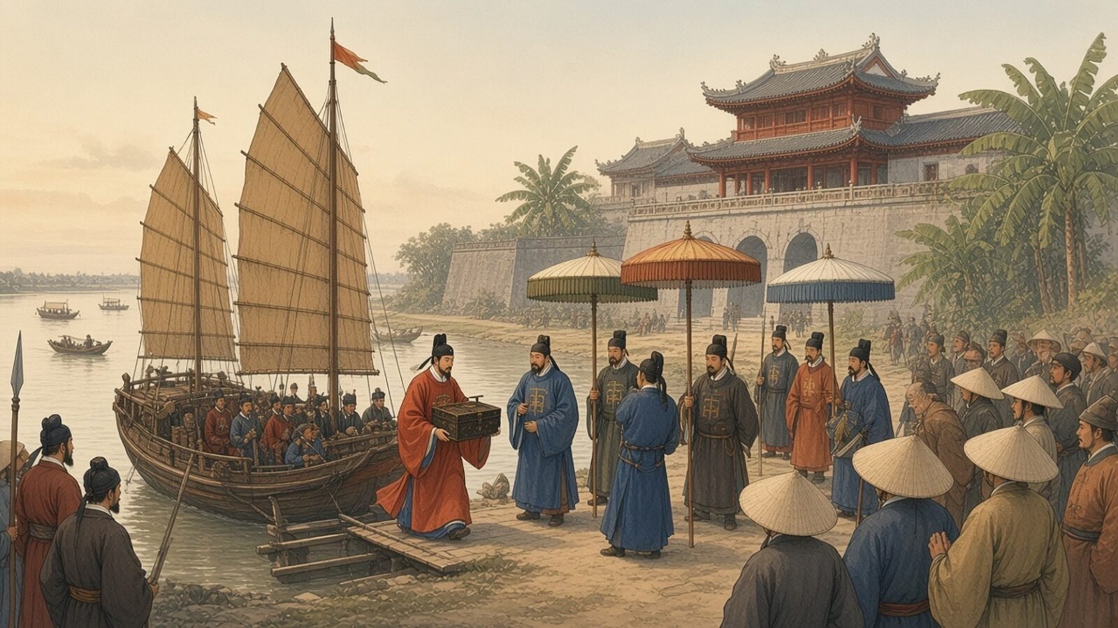 Painting of a Ming envoy carrying an edict ashore from a junk to Vietnamese officials at Thang Long
