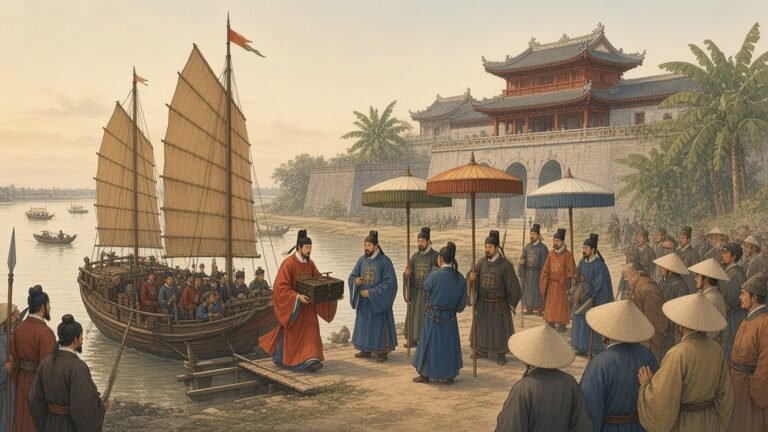 Painting of a Ming envoy carrying an edict ashore from a junk to Vietnamese officials at Thang Long