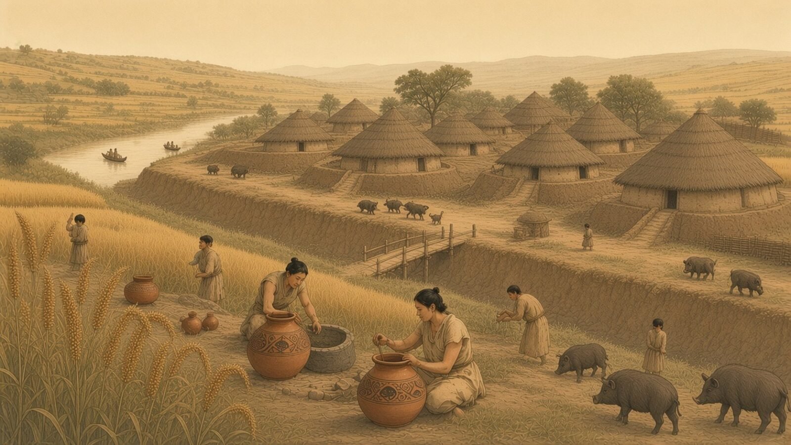 Painting of a Neolithic Yangshao village of round thatched houses inside a ditch above the Yellow River, with potters painting pottery