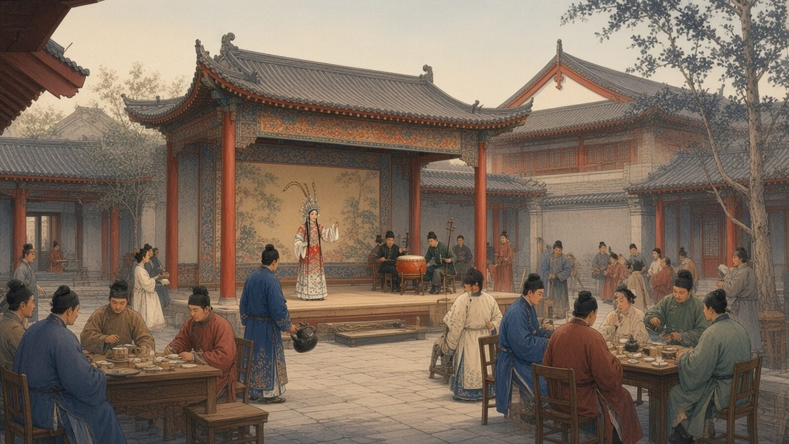 Painting of an actress in opera costume performing on a courtyard stage near Qianmen in 1913