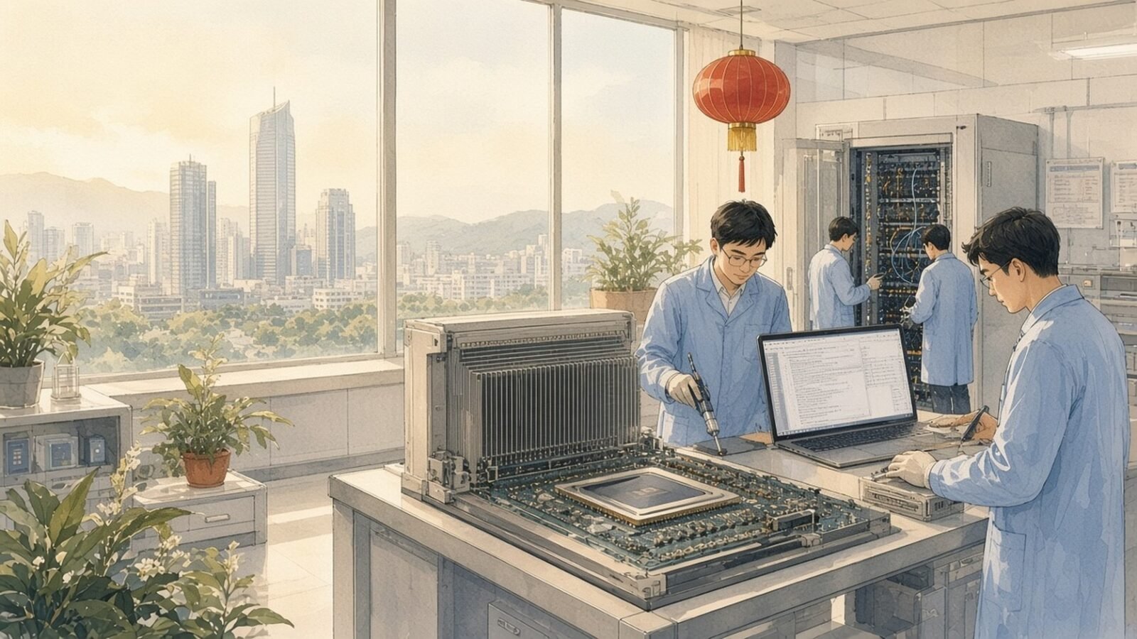Painting of engineers working on a large AI accelerator board in a Shenzhen hardware lab