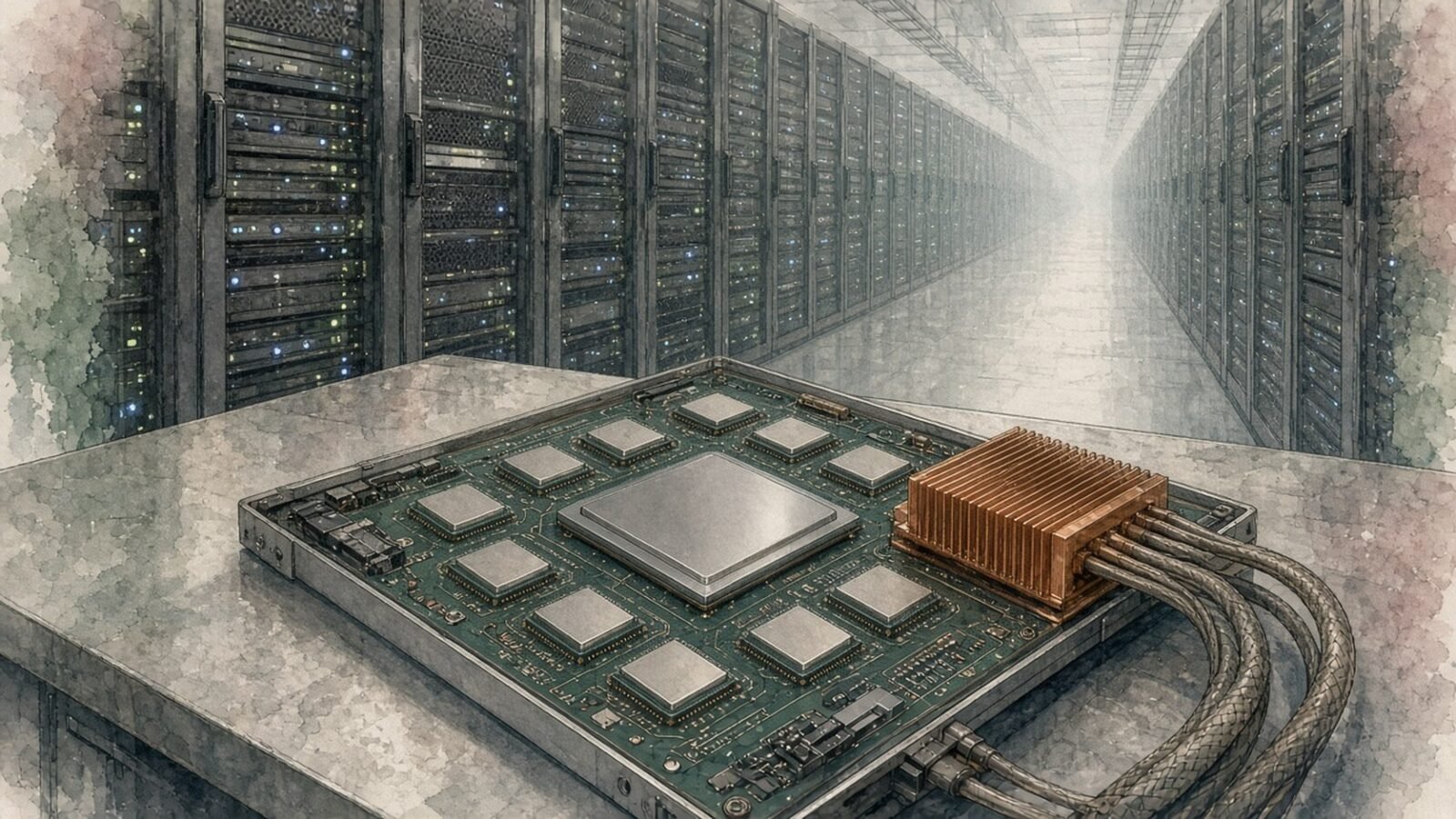 Painted illustration of a large AI accelerator chip with memory stacks on a circuit board in a server tray, with data-centre racks behind