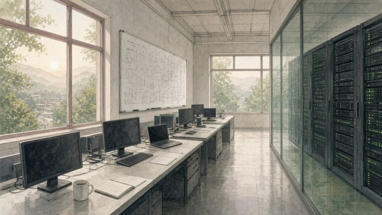Painted illustration of an empty university AI research lab at dawn, with desks, a whiteboard of diagrams and server racks behind glass