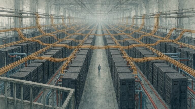 Painted illustration of a vast AI computing hall with rows of racks linked by orange optical fibre trays
