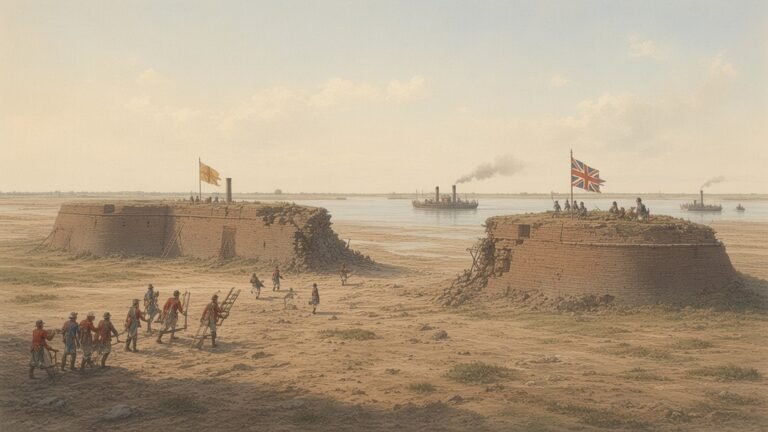 Painting of British and French troops advancing with ladders on the Dagu Forts at the mouth of the Hai River in 1860