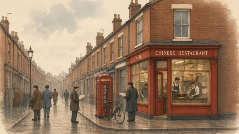 Painting of a Chinese takeaway on the corner of an English terraced street in the late 1950s