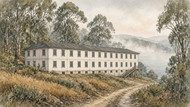 Painted illustration of the long cream wooden detention barracks of the Angel Island Immigration Station on a wooded hillside above San Francisco Bay