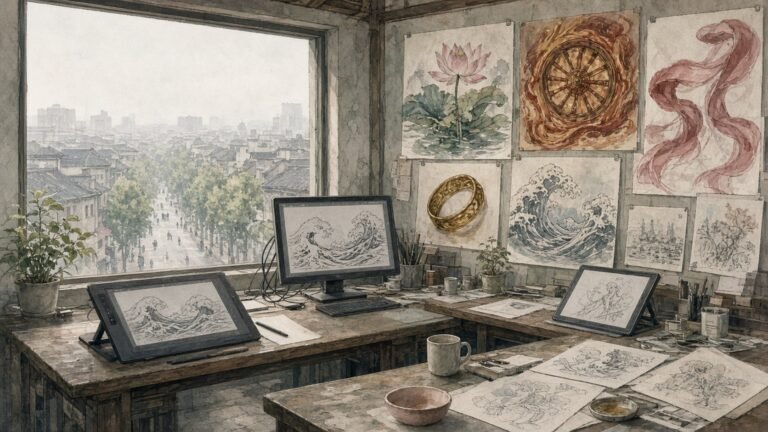 Painted illustration of an animation studio with storyboards of lotus flowers, a fiery wheel, a red silk sash and sea waves pinned above the desks