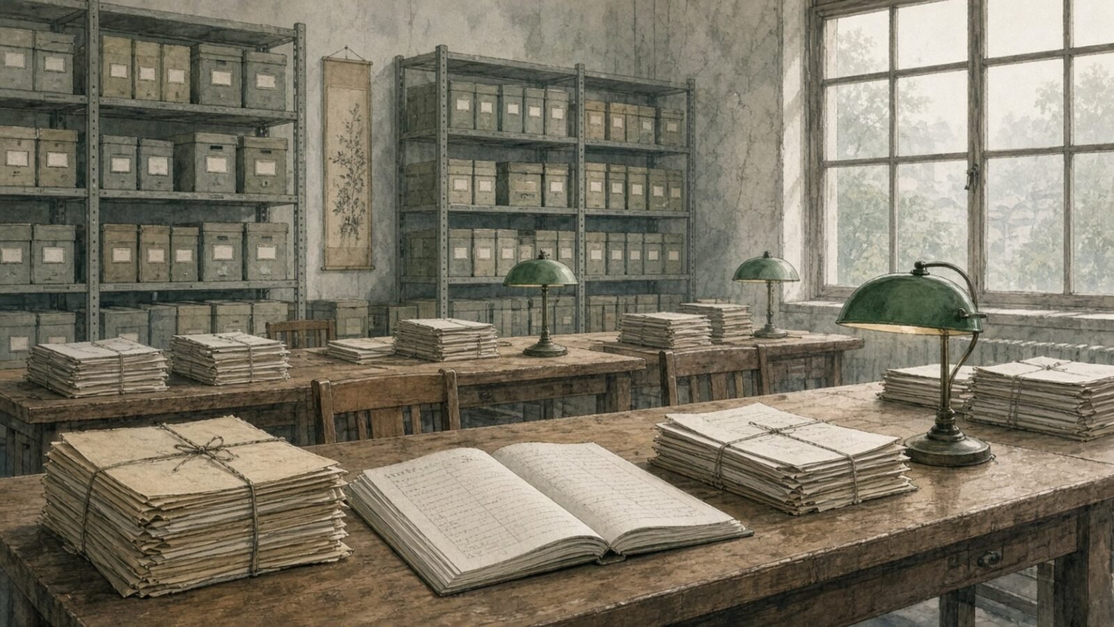 Painted illustration of an archive reading room with stacks of yellowed files, open folders and shelves of archive boxes